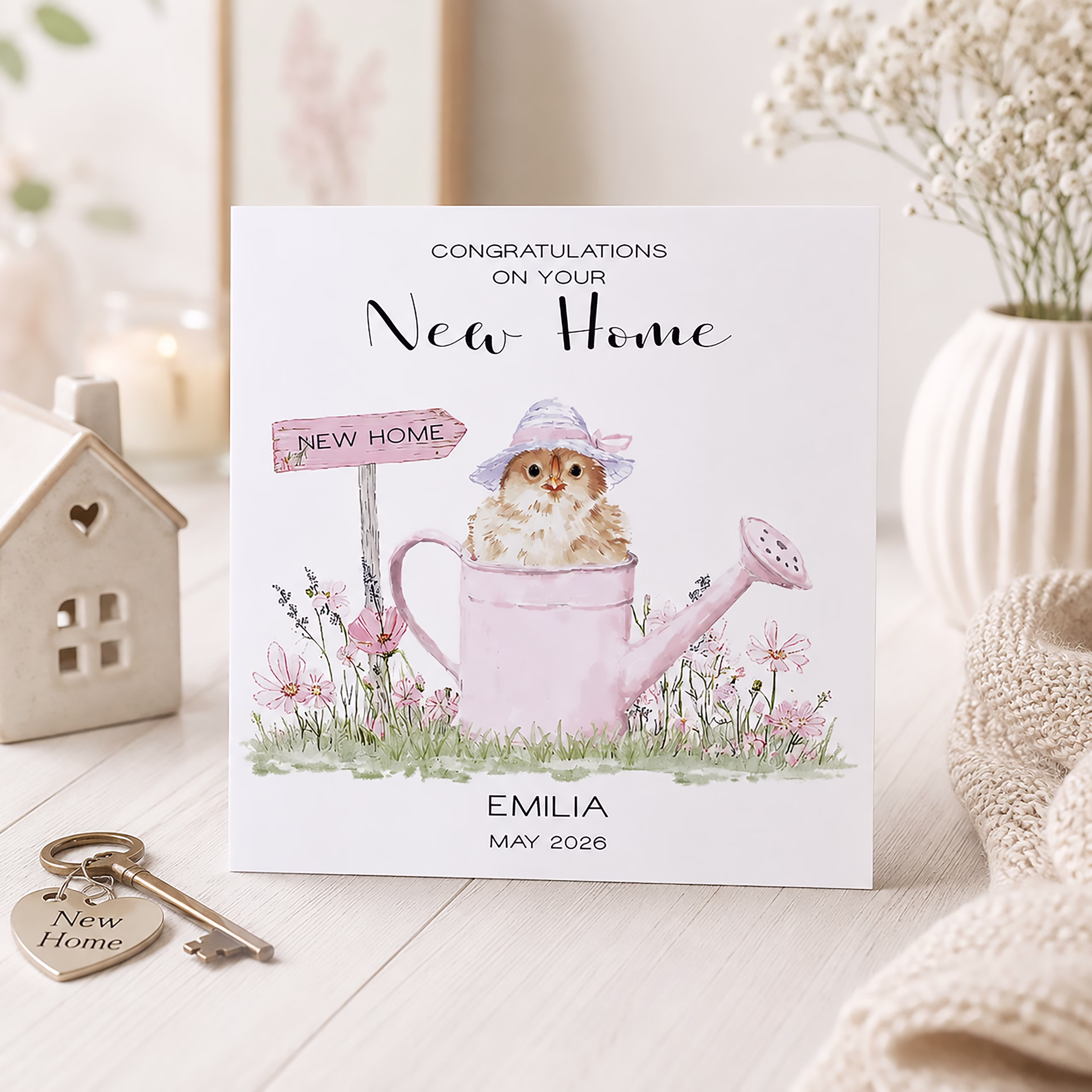 Personalised new home card featuring a cute owl in a pink watering can with a new home sign and delicate flowers.