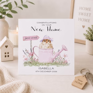 Personalised new home card featuring a cute owl in a pink watering can with a new home sign and delicate