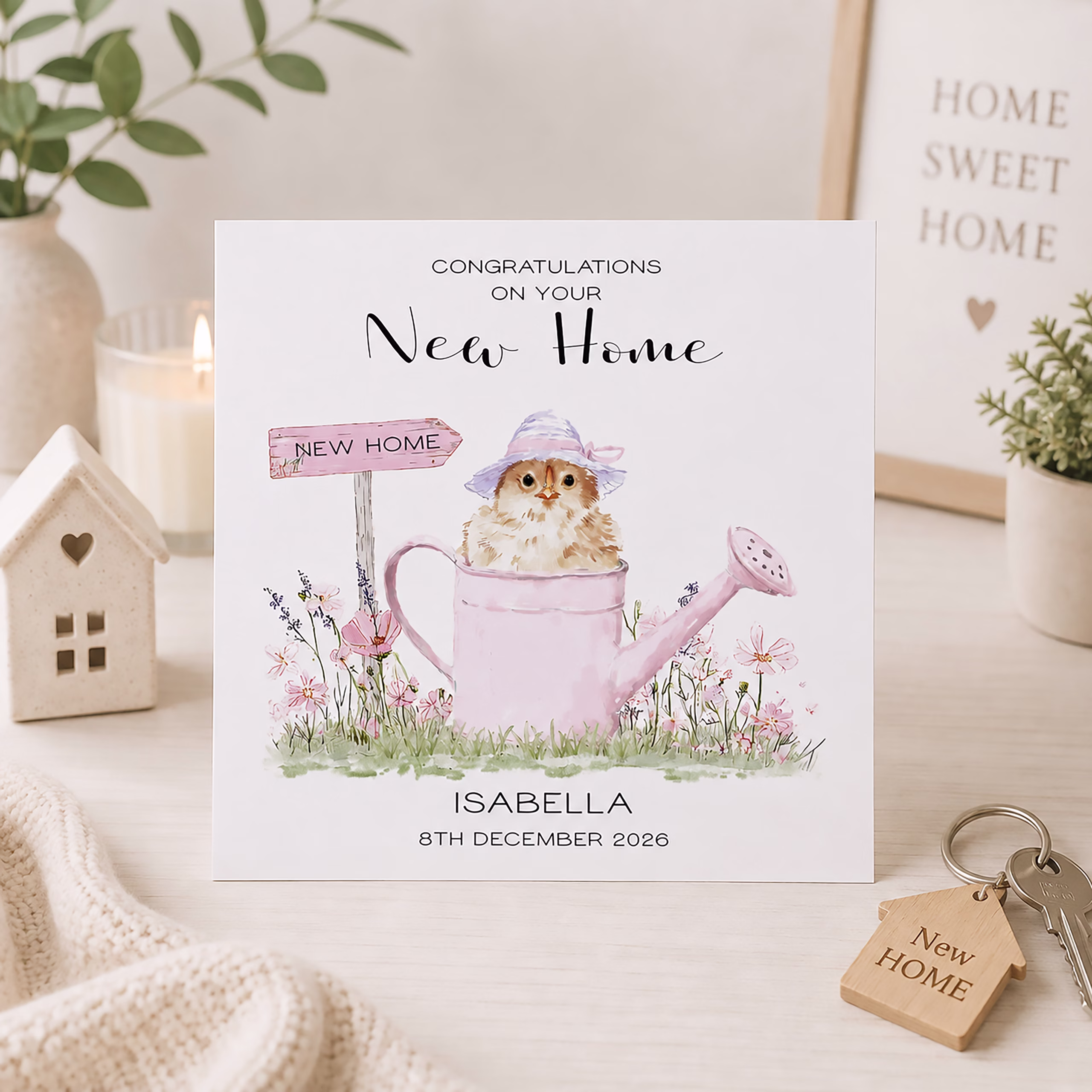 Personalised new home card featuring a cute owl in a pink watering can with a new home sign and delicate