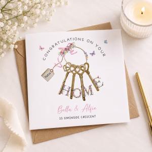 Personalised new home card featuring vintage gold keys decorated with delicate flowers and butterflies.
