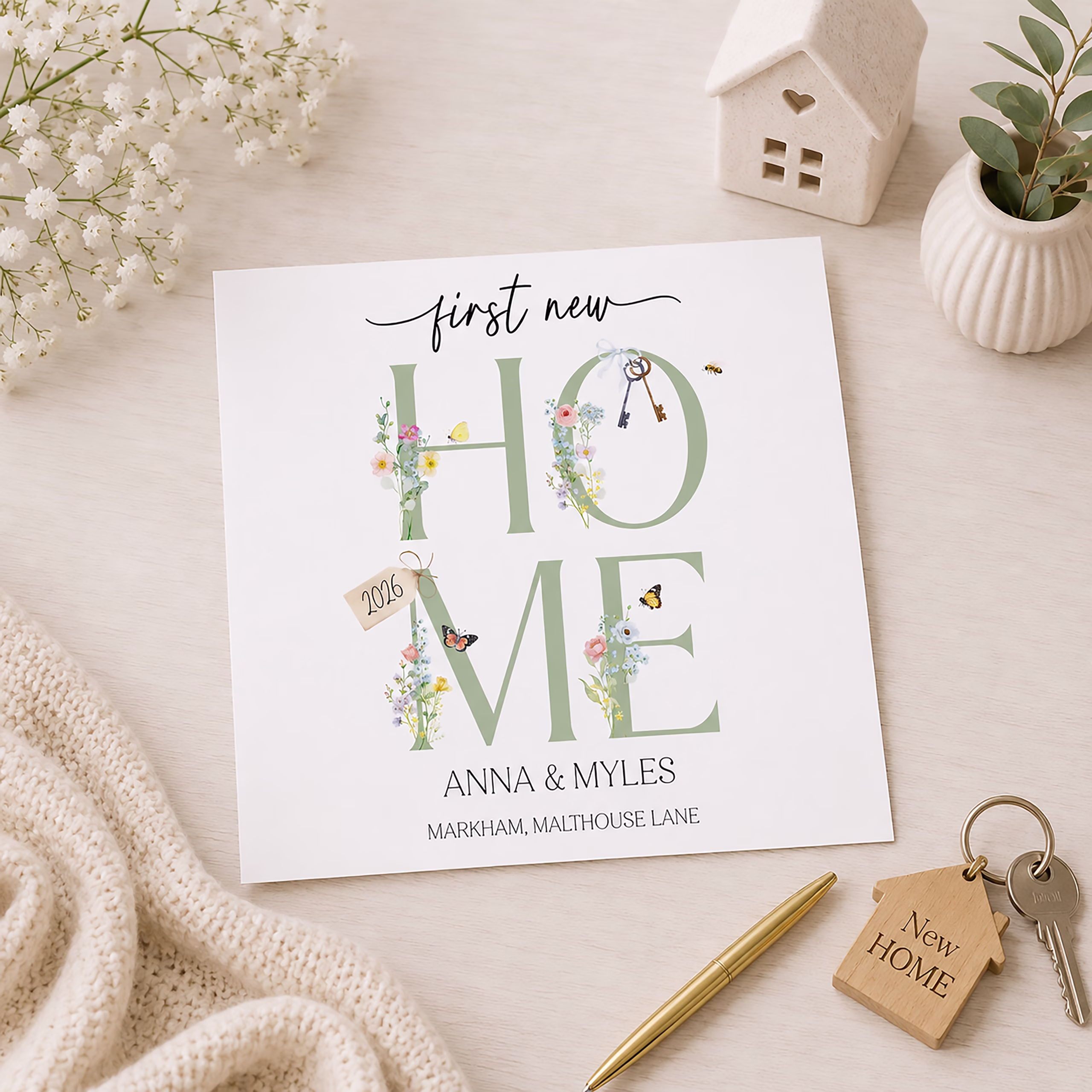 First new home congratulations card personalised with Evie and Josh, their address and a special year.
