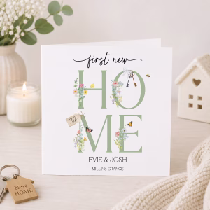 Personalised first new home card with sage green HOME lettering, delicate flowers, keys and the couple's names.