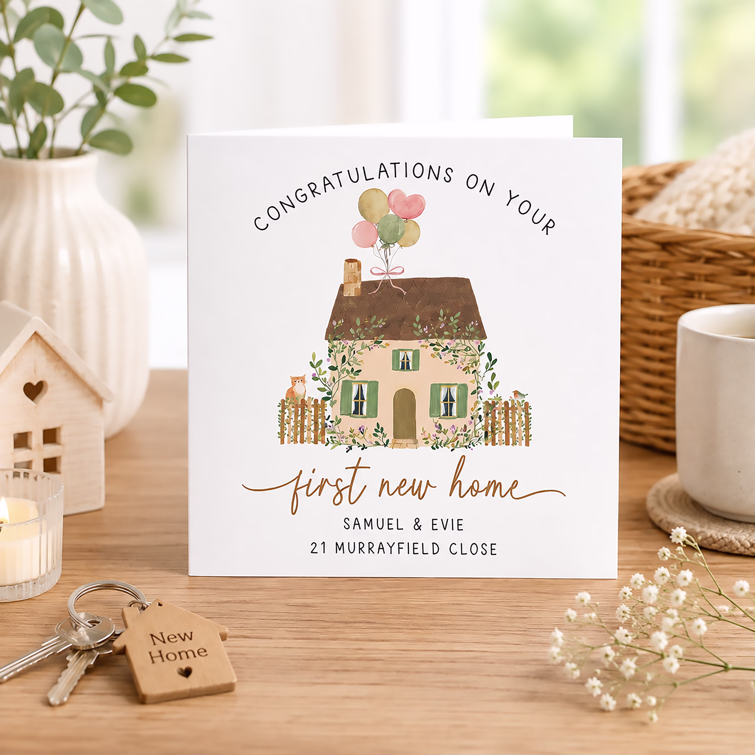 Personalised first new home card featuring a watercolour cottage, balloons and the couple's names and new address.