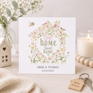 Personalised new home card with a delicate floral house design, birds and Home Sweet Home wording.