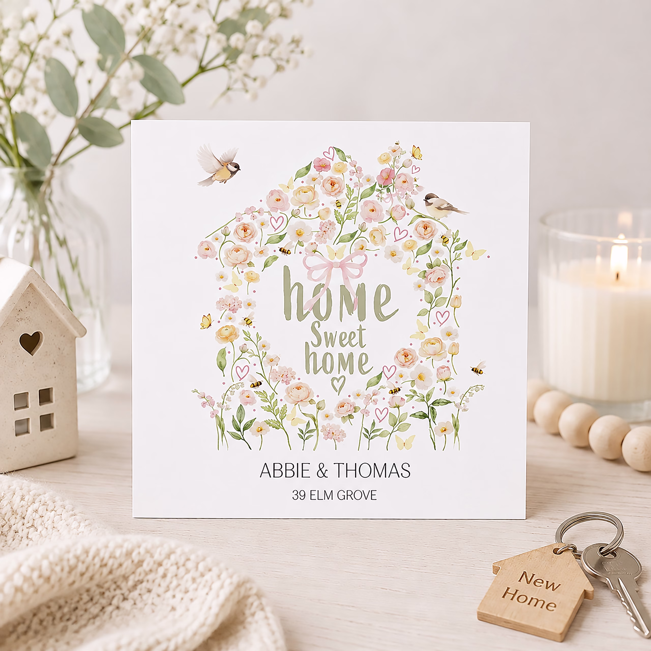 Personalised new home card with a delicate floral house design, birds and Home Sweet Home wording.