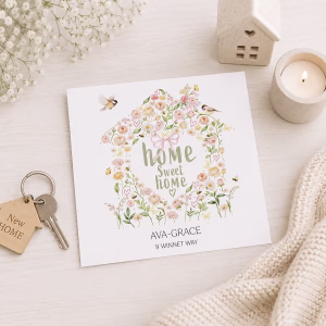 Floral Home Sweet Home card personalised with Abbie and Thomas and their new address.