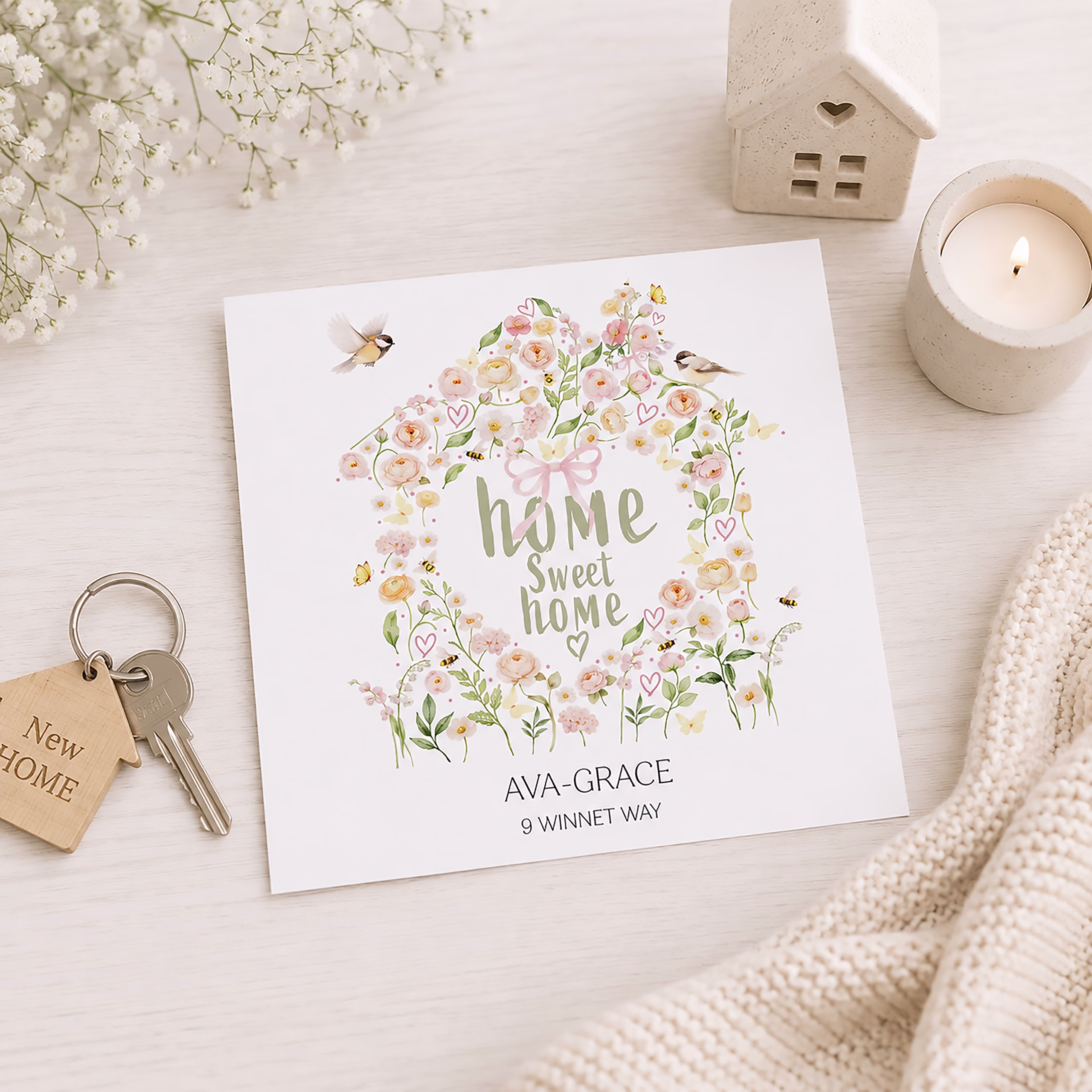 Floral Home Sweet Home card personalised with Abbie and Thomas and their new address.