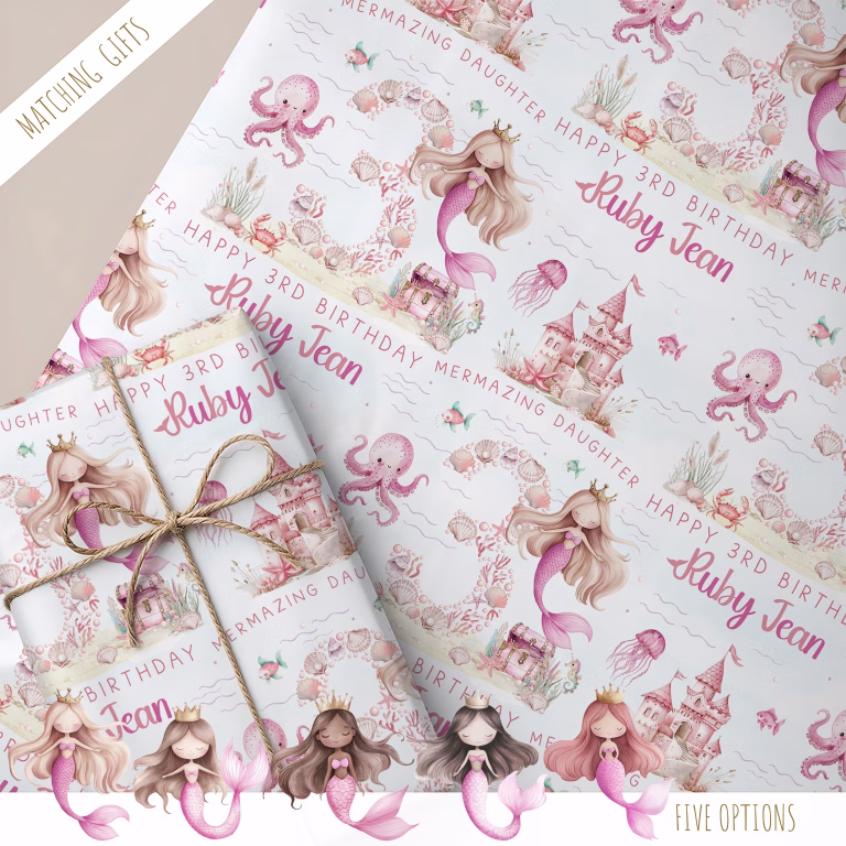 Girls Mermaid Birthday Gift Wrapping Paper – Personalise it!