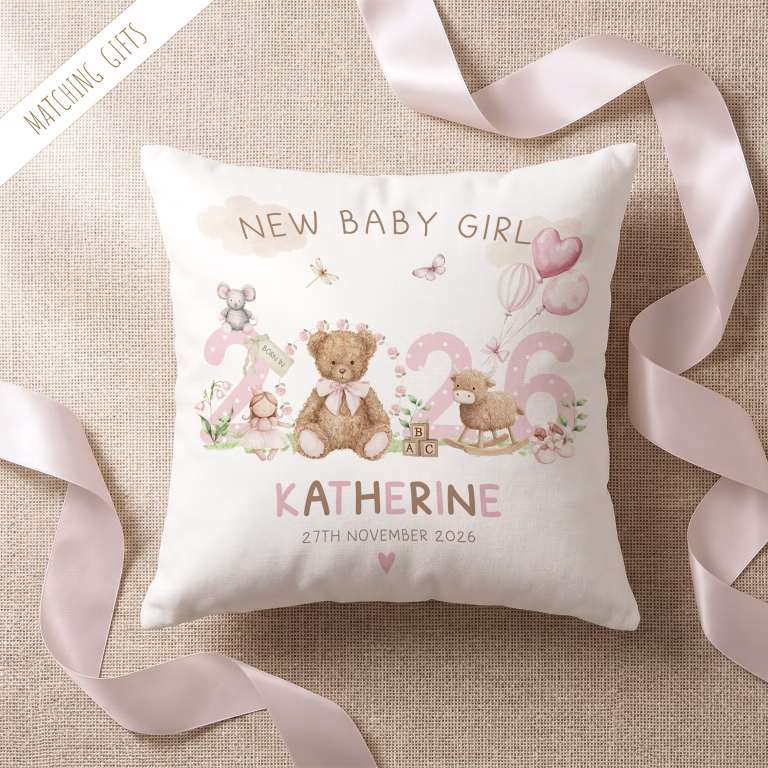 New Baby Gift – Personalised Newborn Baby Cushion – Nursery Pillow