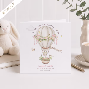 Personalised Hot Air Balloon with baby giraffe baby shower card