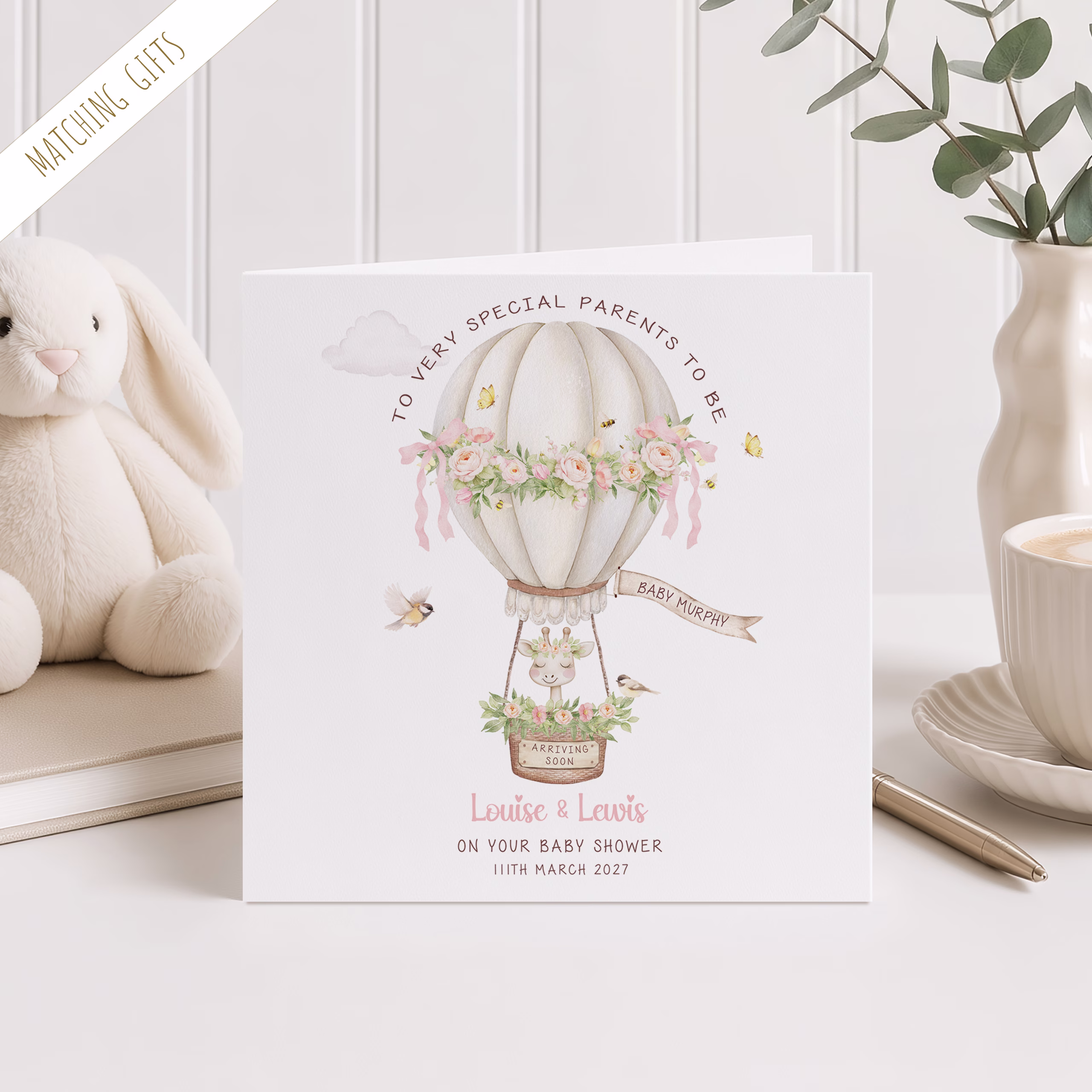 Personalised Hot Air Balloon with baby giraffe baby shower card