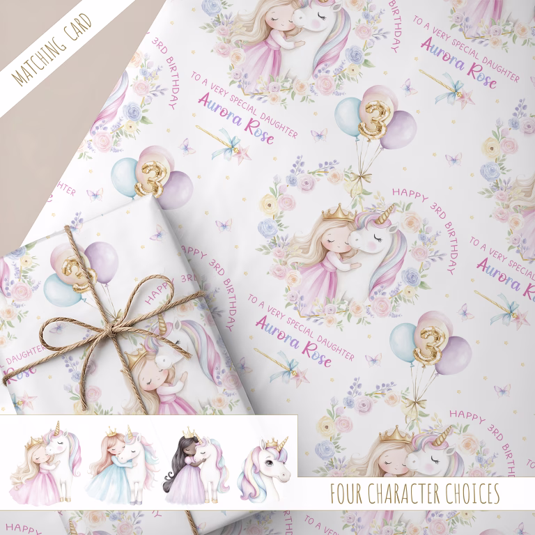 Girls Princess Unicorn Birthday Gift Wrapping Paper