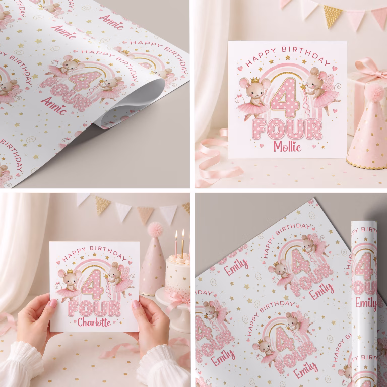 Girls 4th Birthday Gift Wrapping Paper – Personalise it!