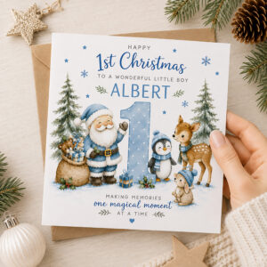 Baby boy first Christmas card with Santa and woodland Christmas animals
