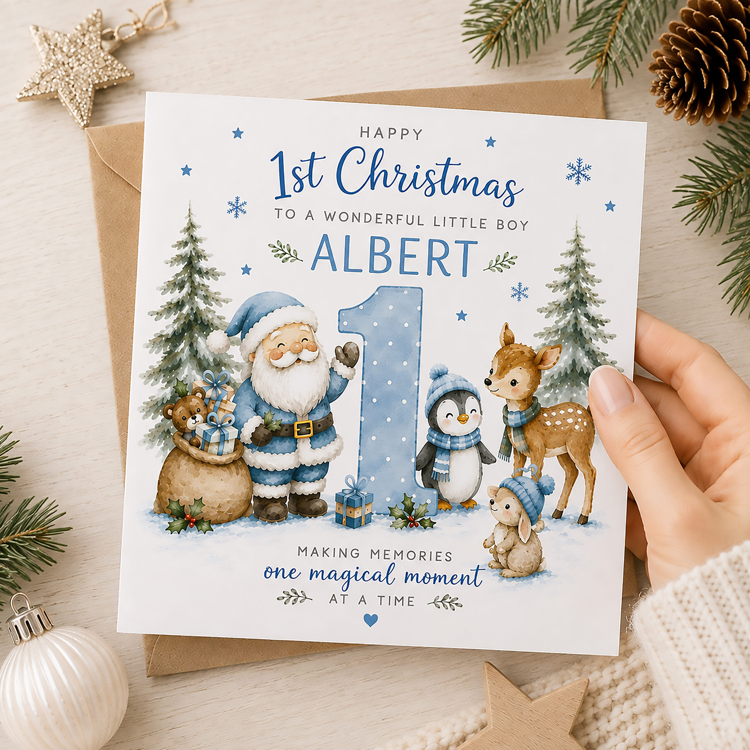 Baby boy first Christmas card with Santa and woodland Christmas animals