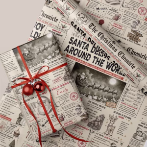 Children’s personalised Christmas newspaper gift wrap with vintage Santa, reindeer, elves and festive North Pole stories.