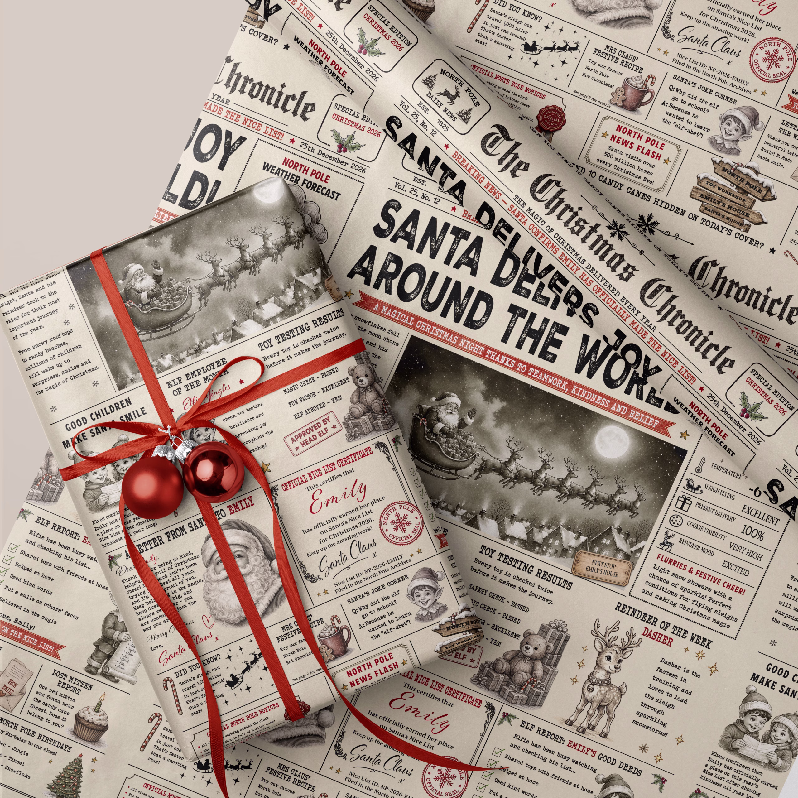 Children’s personalised Christmas newspaper gift wrap with vintage Santa, reindeer, elves and festive North Pole stories.