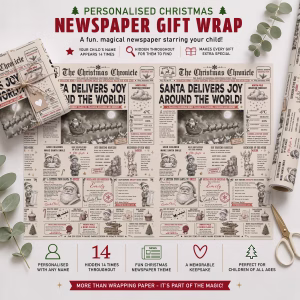 Christmas newspaper gift wrap personalised with a child’s name throughout festive Santa and North Pole stories.