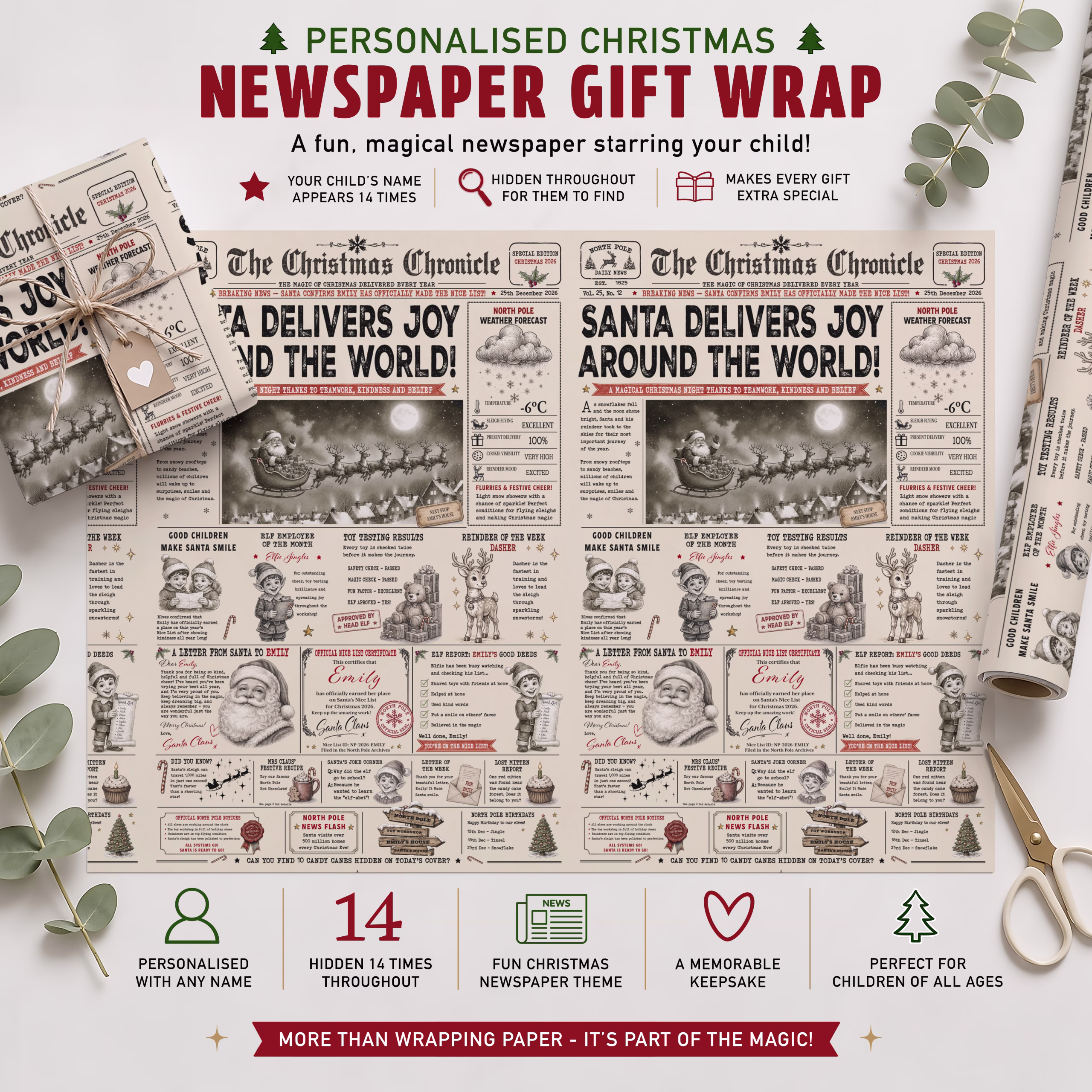 Christmas newspaper gift wrap personalised with a child’s name throughout festive Santa and North Pole stories.