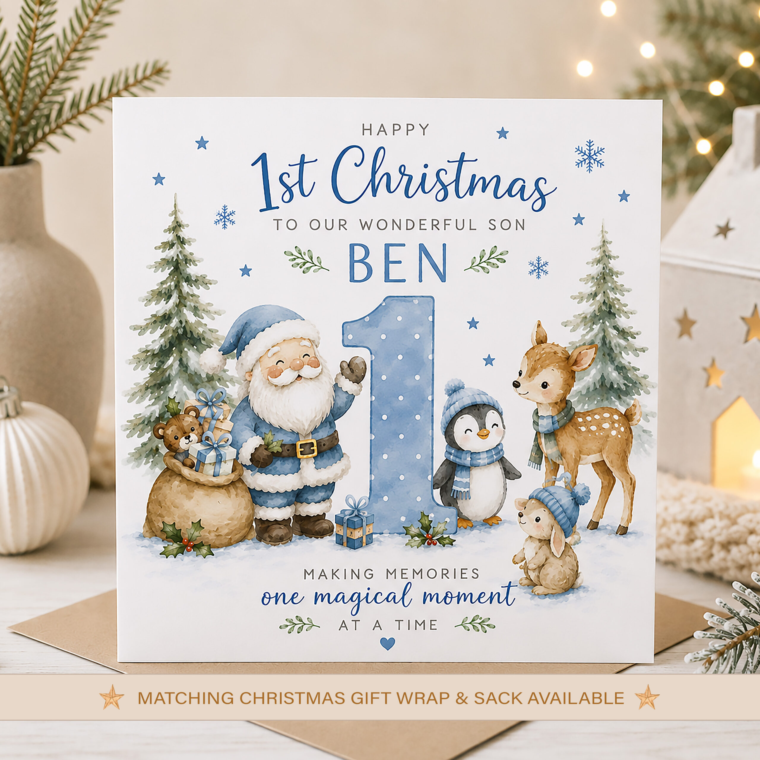 Personalised boy’s 1st Christmas card with Santa and cute Christmas animals
