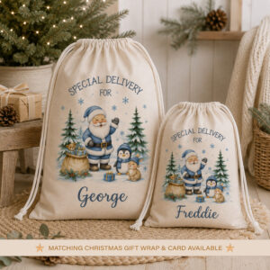 Personalised Santa sack for boys with Special Delivery wording, Christmas characters and name