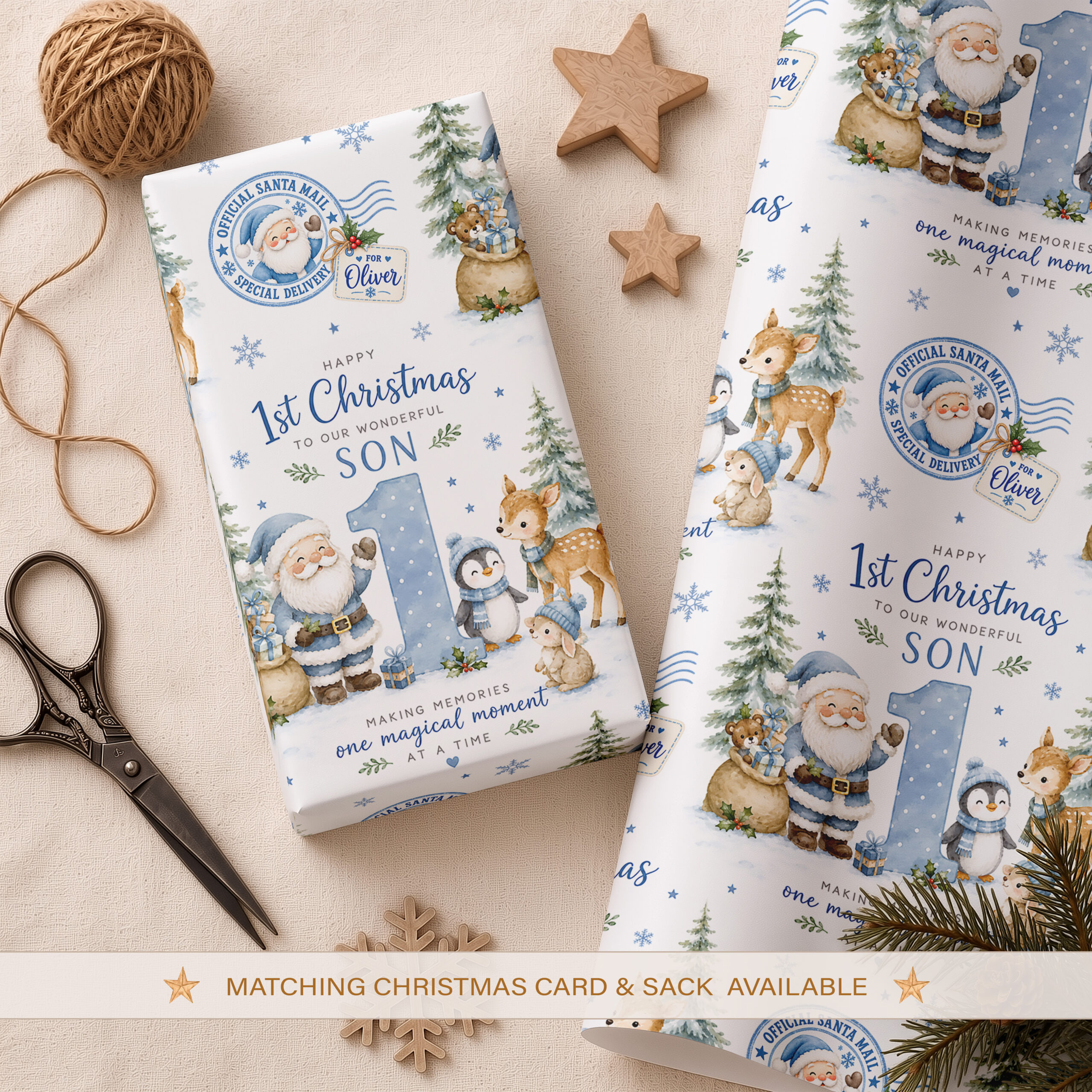 Personalised boys first Christmas wrapping paper with Santa, child's name and festive characters