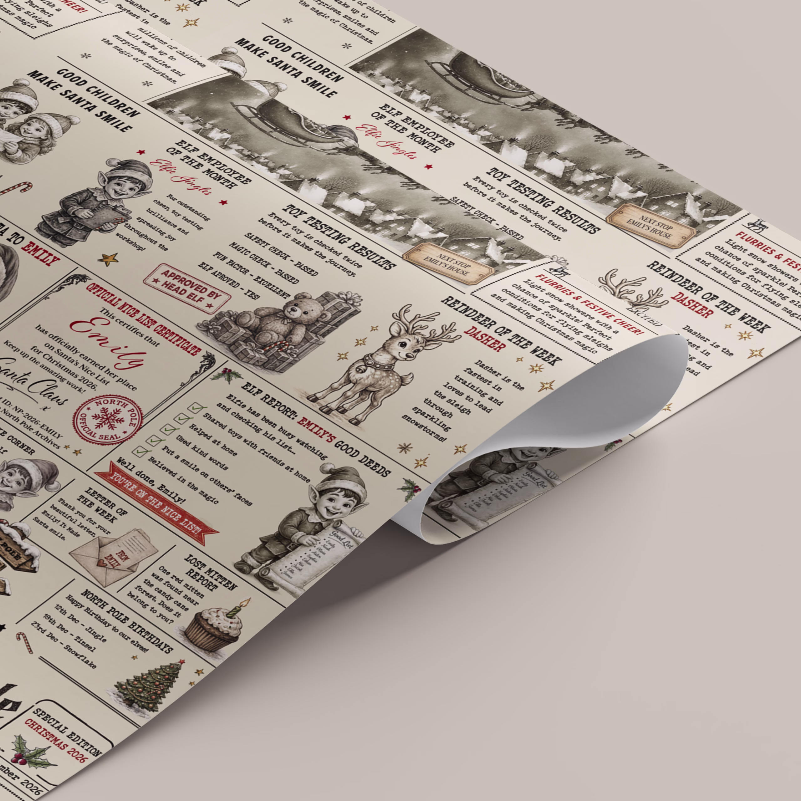 Vintage-style North Pole Christmas newspaper wrapping paper with Santa, reindeer and personalised festive stories for children.