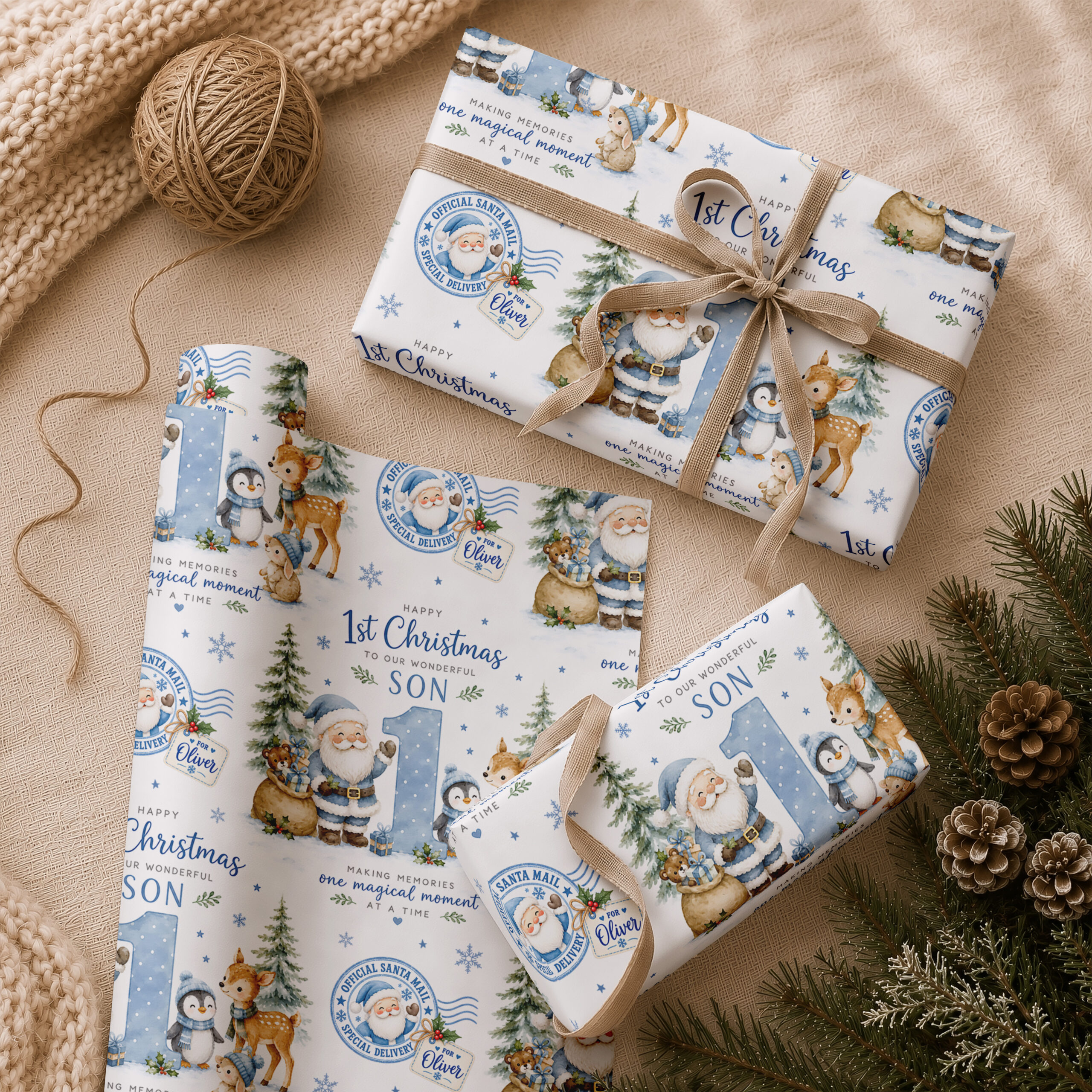 Personalised First Christmas Wrapping Paper for Boys
