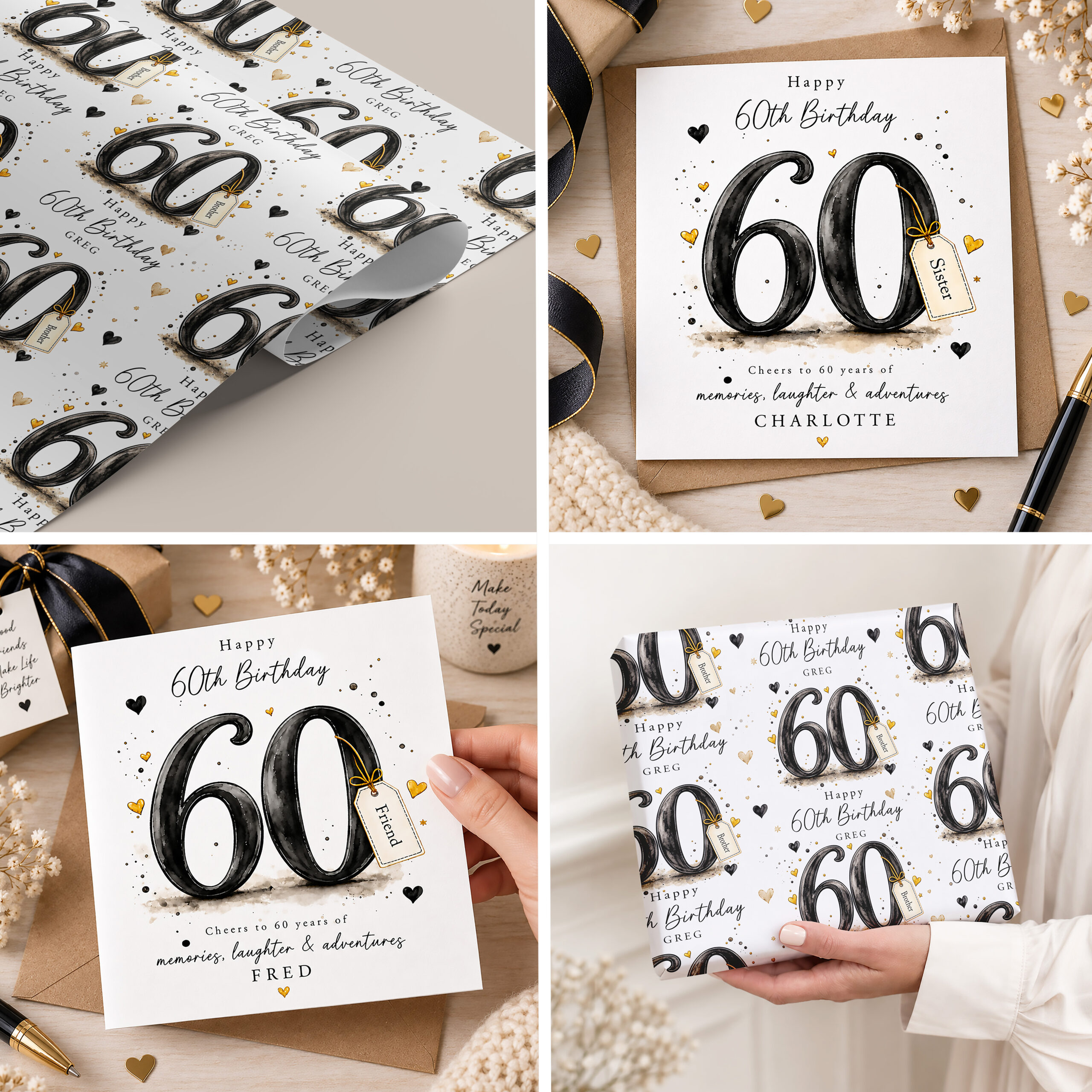 Personalised 60th birthday gift wrap with matching birthday card