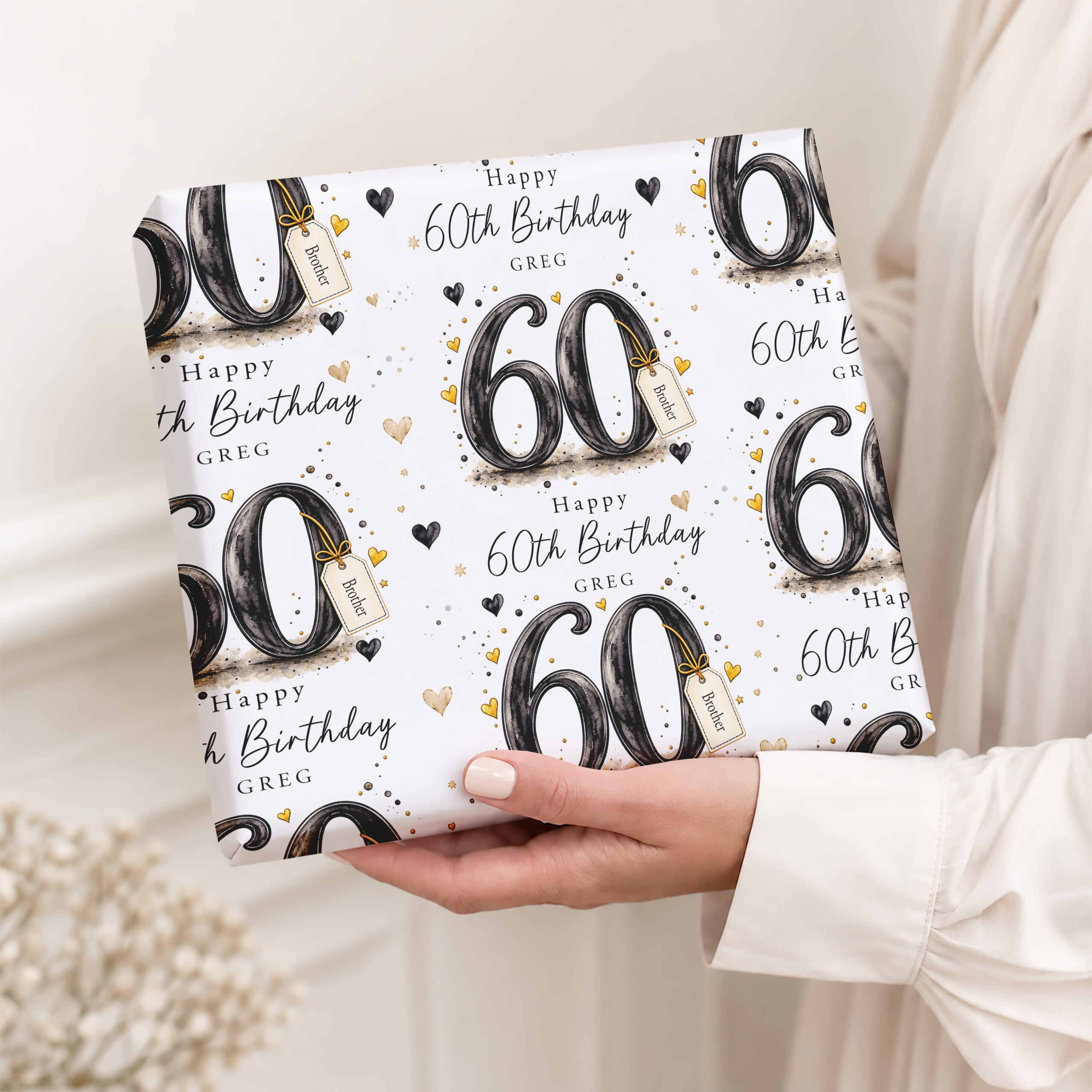 Black and gold personalised 60th birthday wrapping paper for him or her