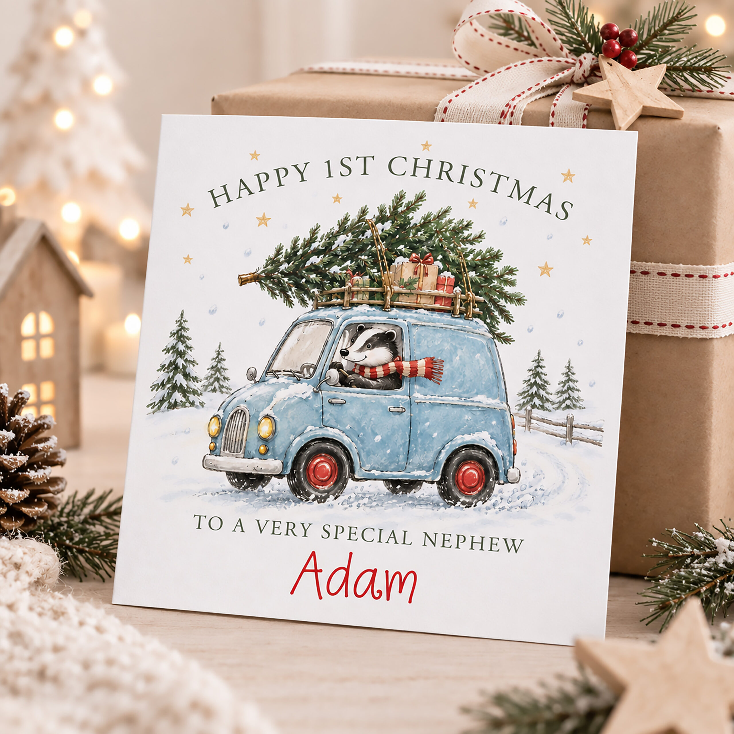 Baby boy personalised first Christmas card with festive badger and blue car