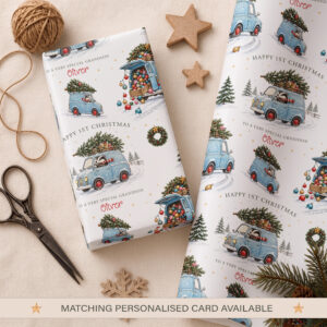 Personalised 1st Christmas wrapping paper with badger in blue Christmas van and child’s name