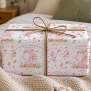 Ballerina bunny 2nd birthday wrapping paper personalised with name Olivia in pink