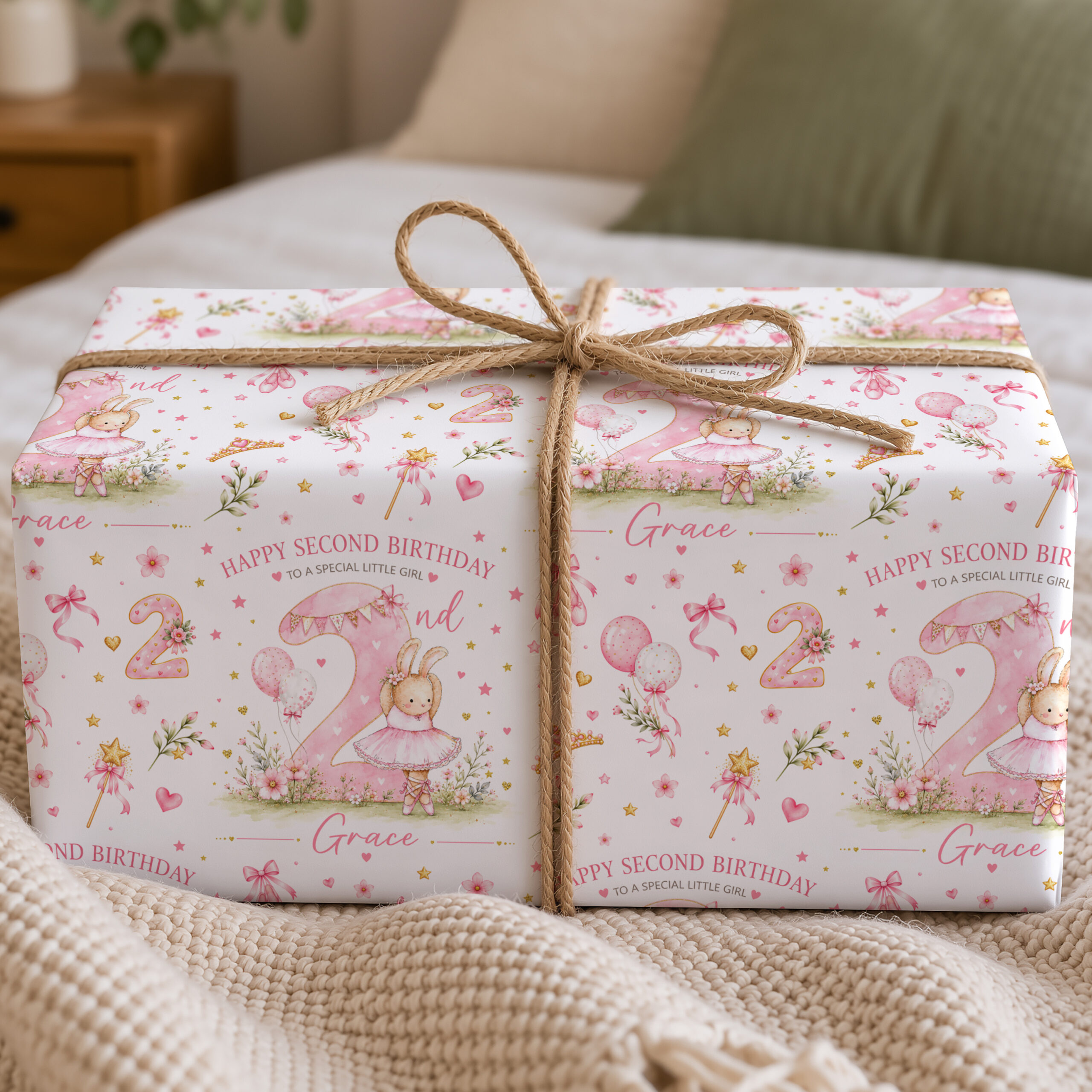Ballerina bunny 2nd birthday wrapping paper personalised with name Olivia in pink