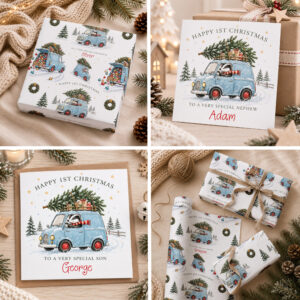 Personalised first Christmas gift wrap and card with blue van, badger and child’s name on wrapped present