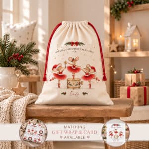 Personalised Christmas sack featuring three festive mouse ballerinas in red tutus with a Christmas music box and red drawstring cords.