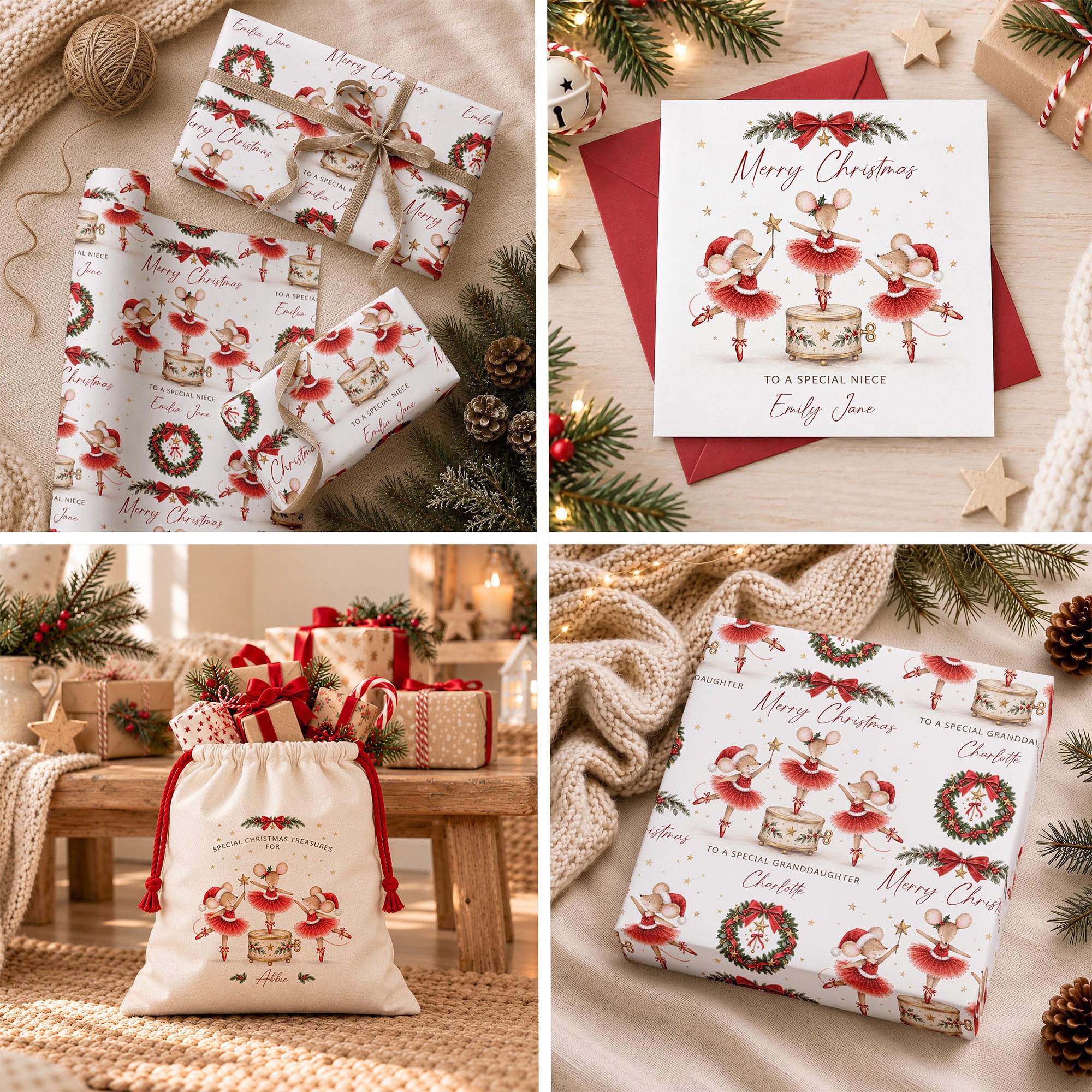 Mouse ballerina Christmas present sack with delicate festive illustrations, red ballet dresses and personalised lettering.