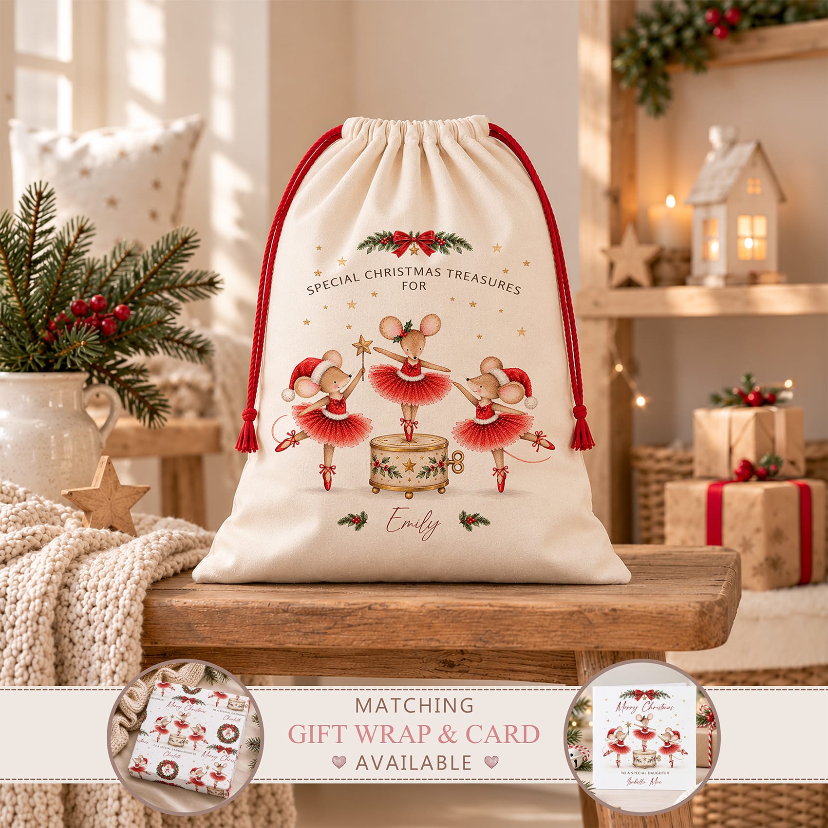 Personalised Christmas sack featuring three festive mouse ballerinas in red tutus with a Christmas music box and red drawstring cords.