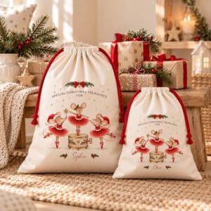 Mouse ballerina Christmas present sack with delicate festive illustrations, red ballet dresses and personalised lettering.