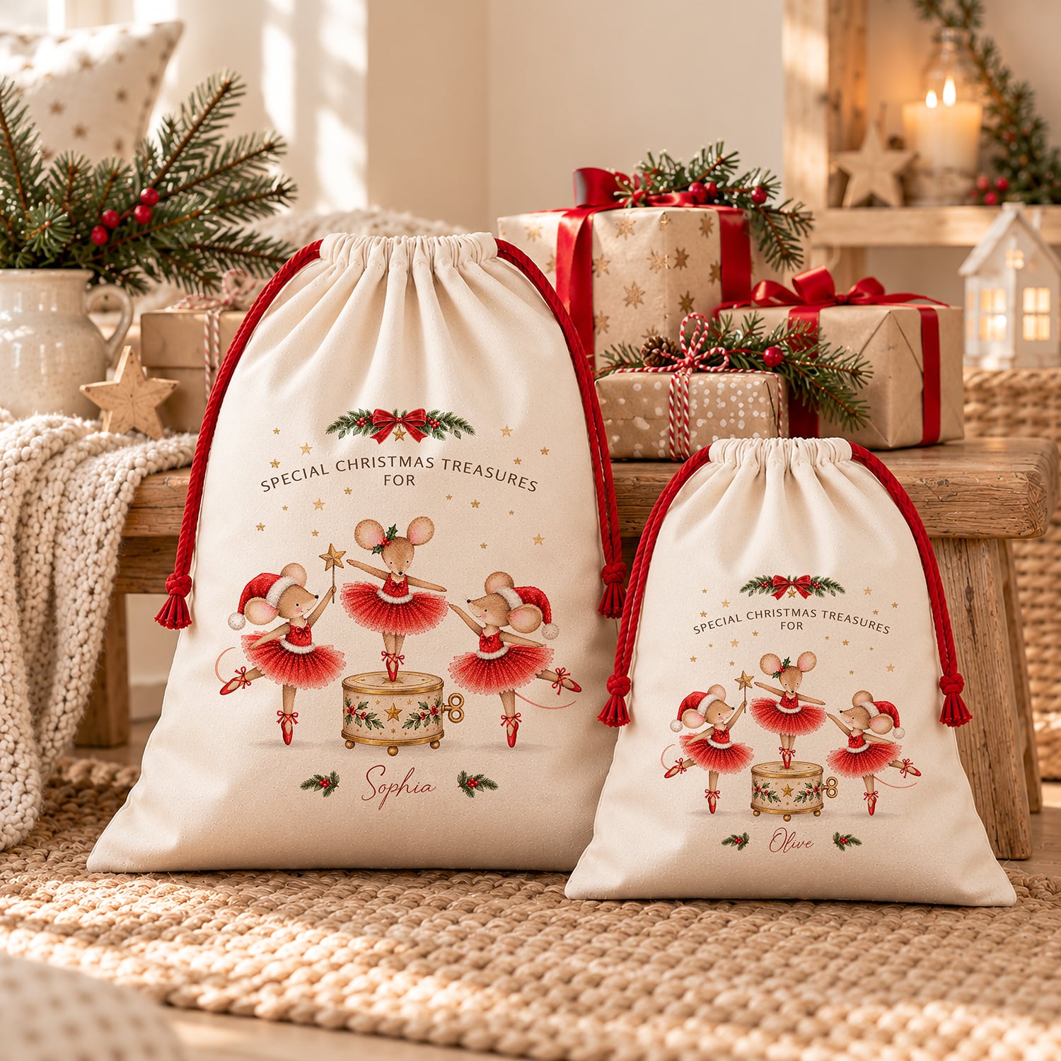 Mouse ballerina Christmas present sack with delicate festive illustrations, red ballet dresses and personalised lettering.