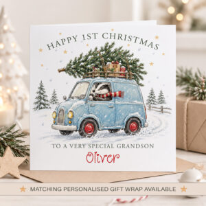 Personalised 1st Christmas card for grandson with badger driving a blue Christmas car