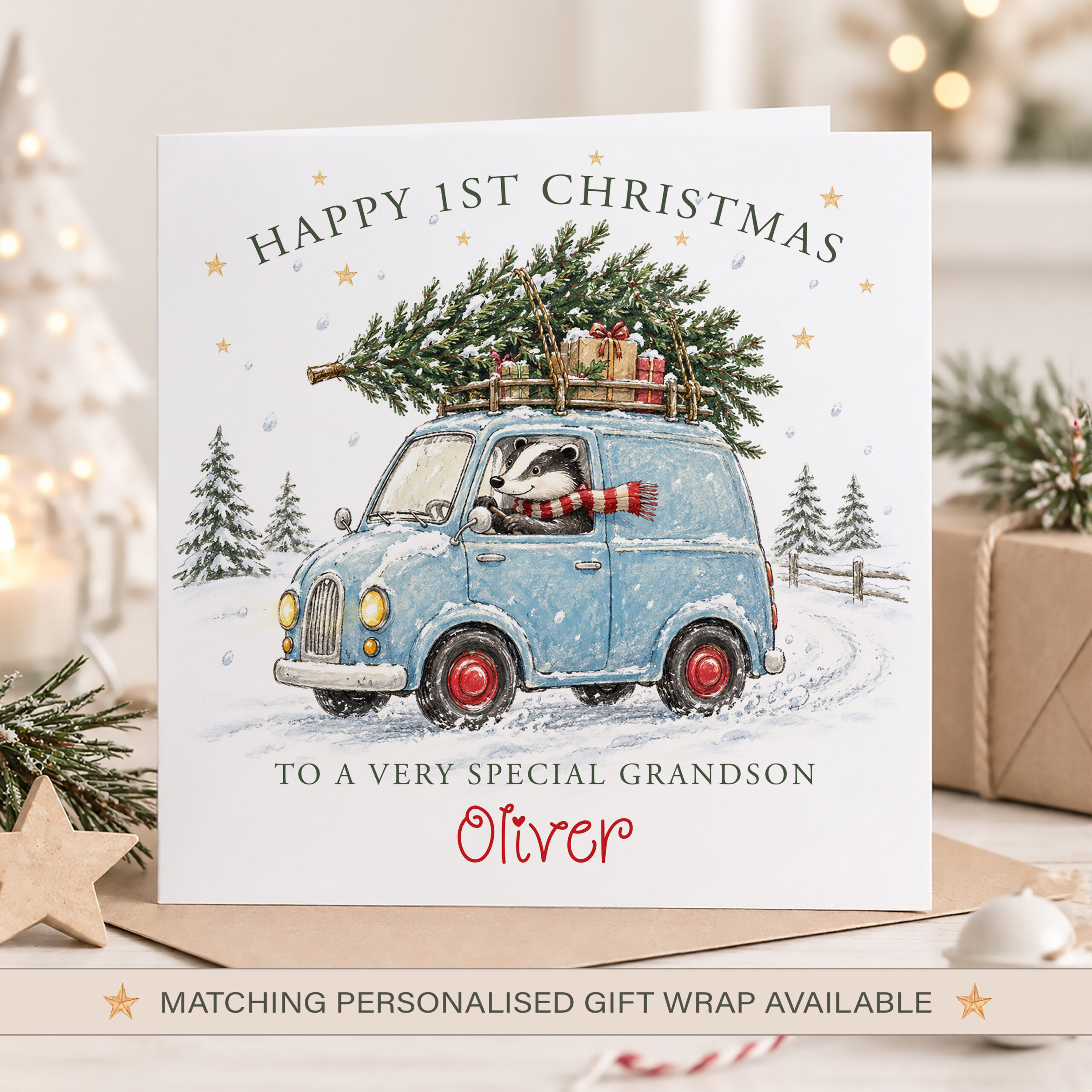 Personalised 1st Christmas card for grandson with badger driving a blue Christmas car