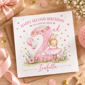 Personalised 2nd birthday card for niece with bunny ballerina and pink number two