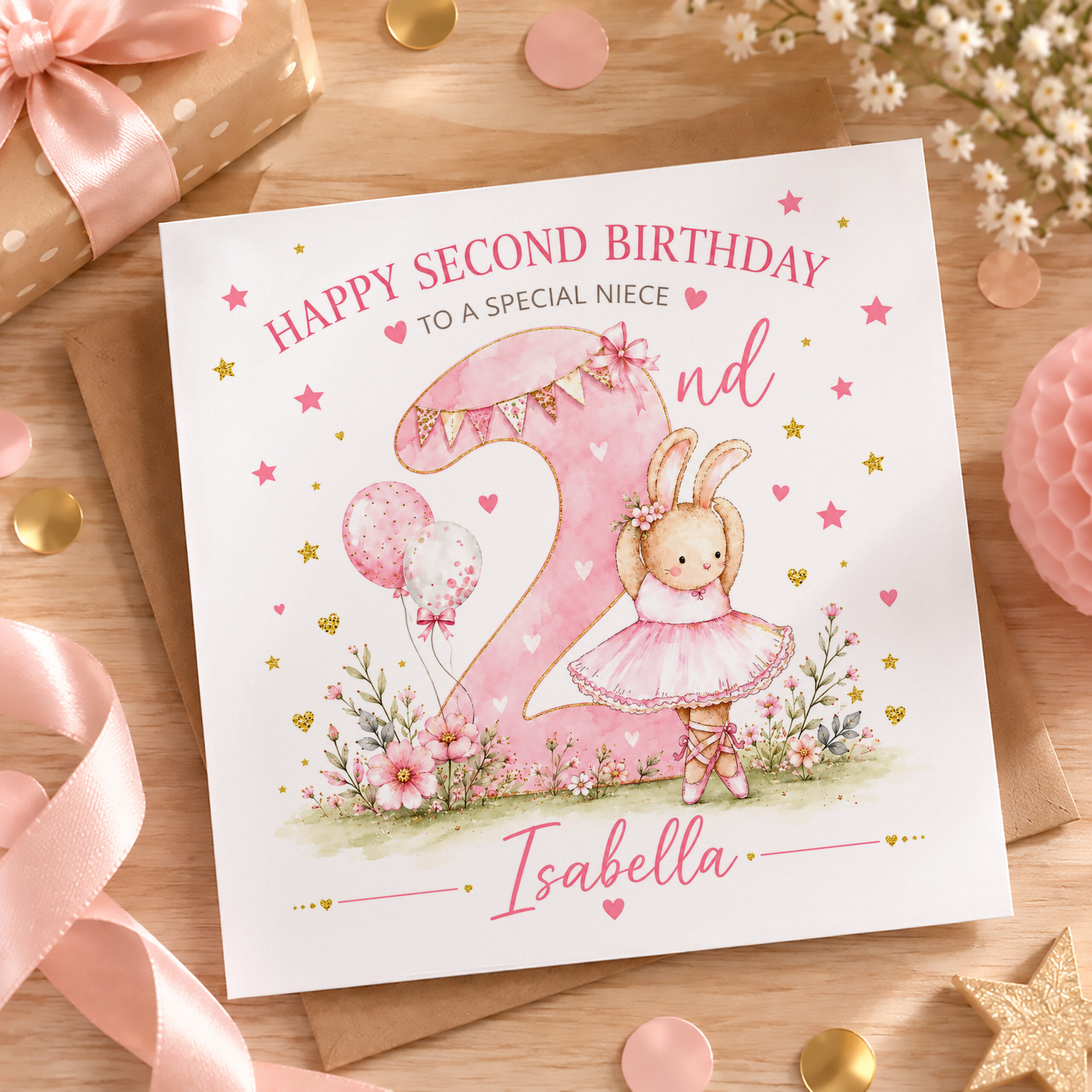 Personalised 2nd birthday card for niece with bunny ballerina and pink number two