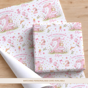 Personalised 2nd birthday wrapping paper for a girl with pink ballerina bunny design and name
