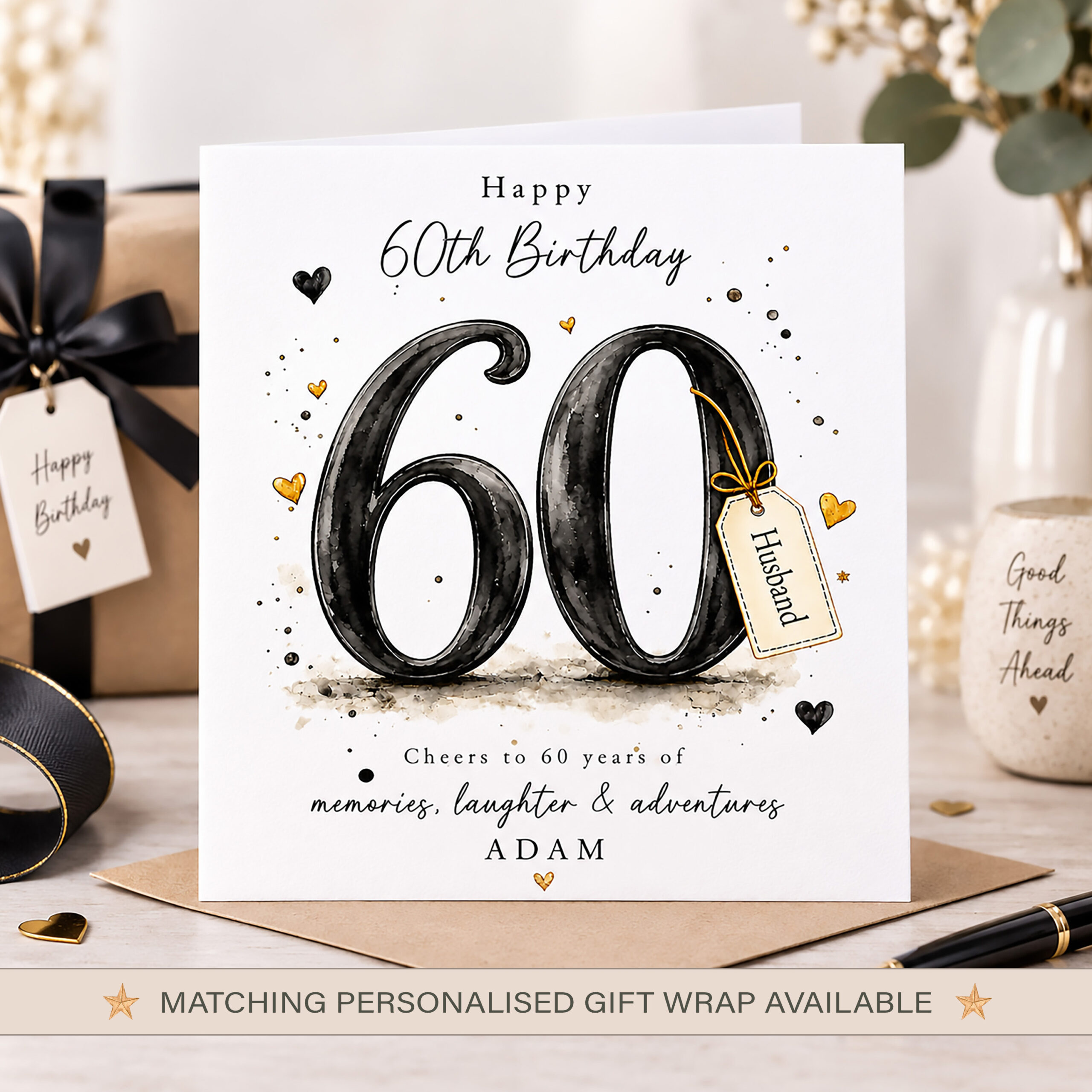 Personalised 60th birthday card for husband with name and black gold number 60 design