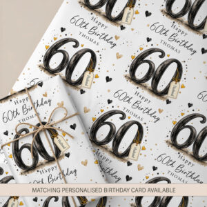 Personalised 60th birthday wrapping paper with black and gold number 60 design and name