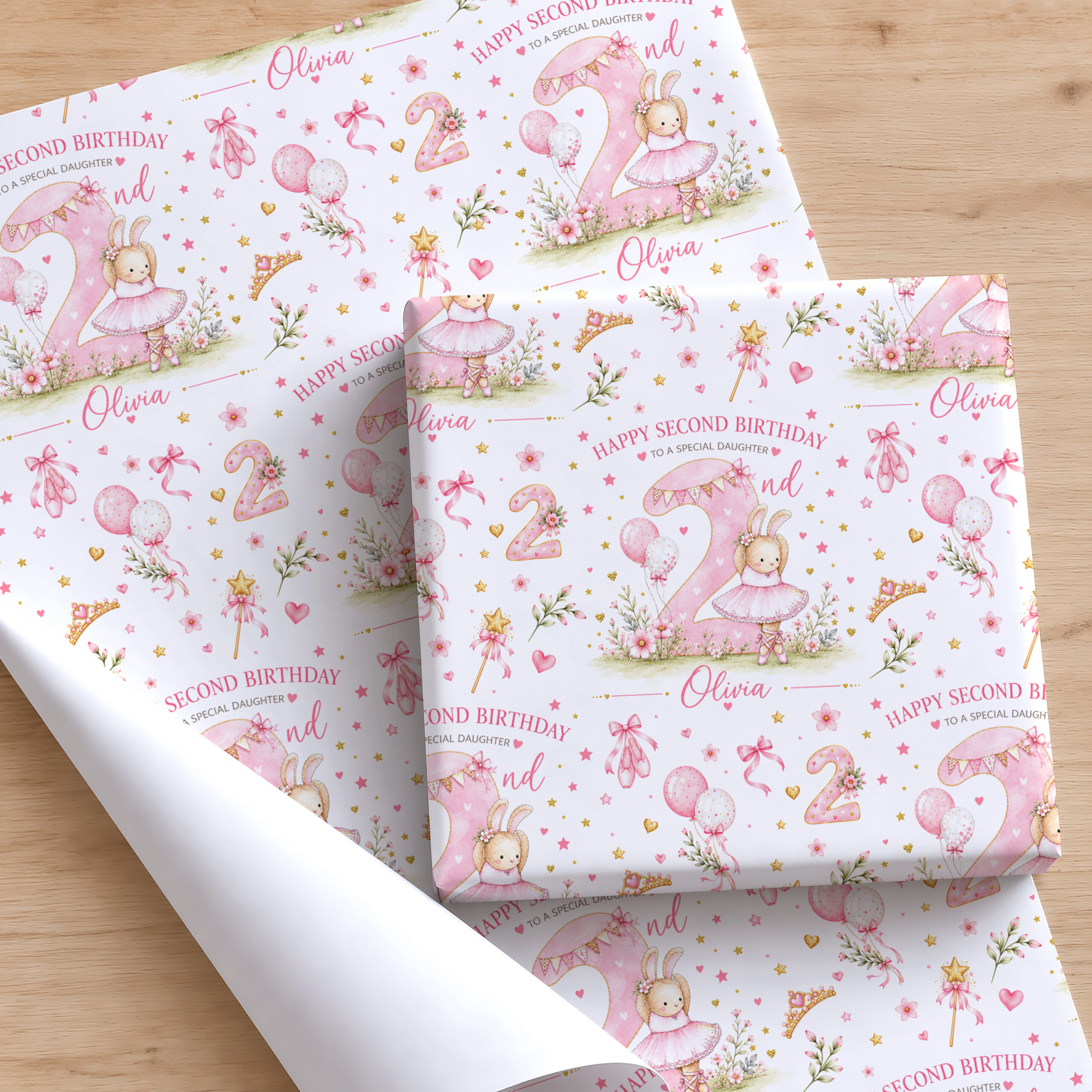 Personalised age 2 birthday wrapping paper with child’s name, pink number two and ballerina theme