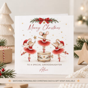 Personalised Christmas card with ballerina mice in red tutus and child’s name