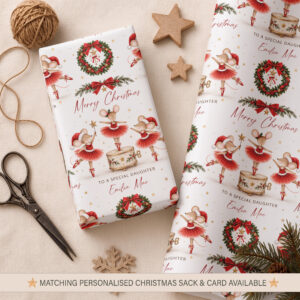 Personalised Christmas ballerina mouse wrapping paper with name and relationship